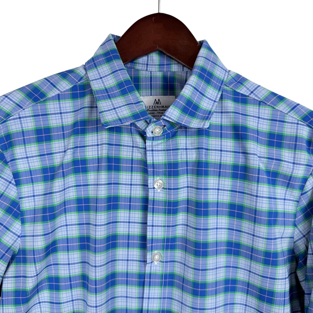 Mizzen+Main Mens Large Trim Fit Blue Green Plaid Performance Dress Shirt L